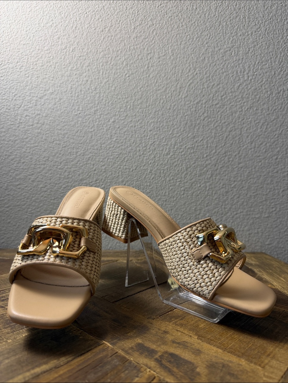 Size 7.5 Coutgo Beige Woven Mule Sandals with Gold Chain Accent - Women